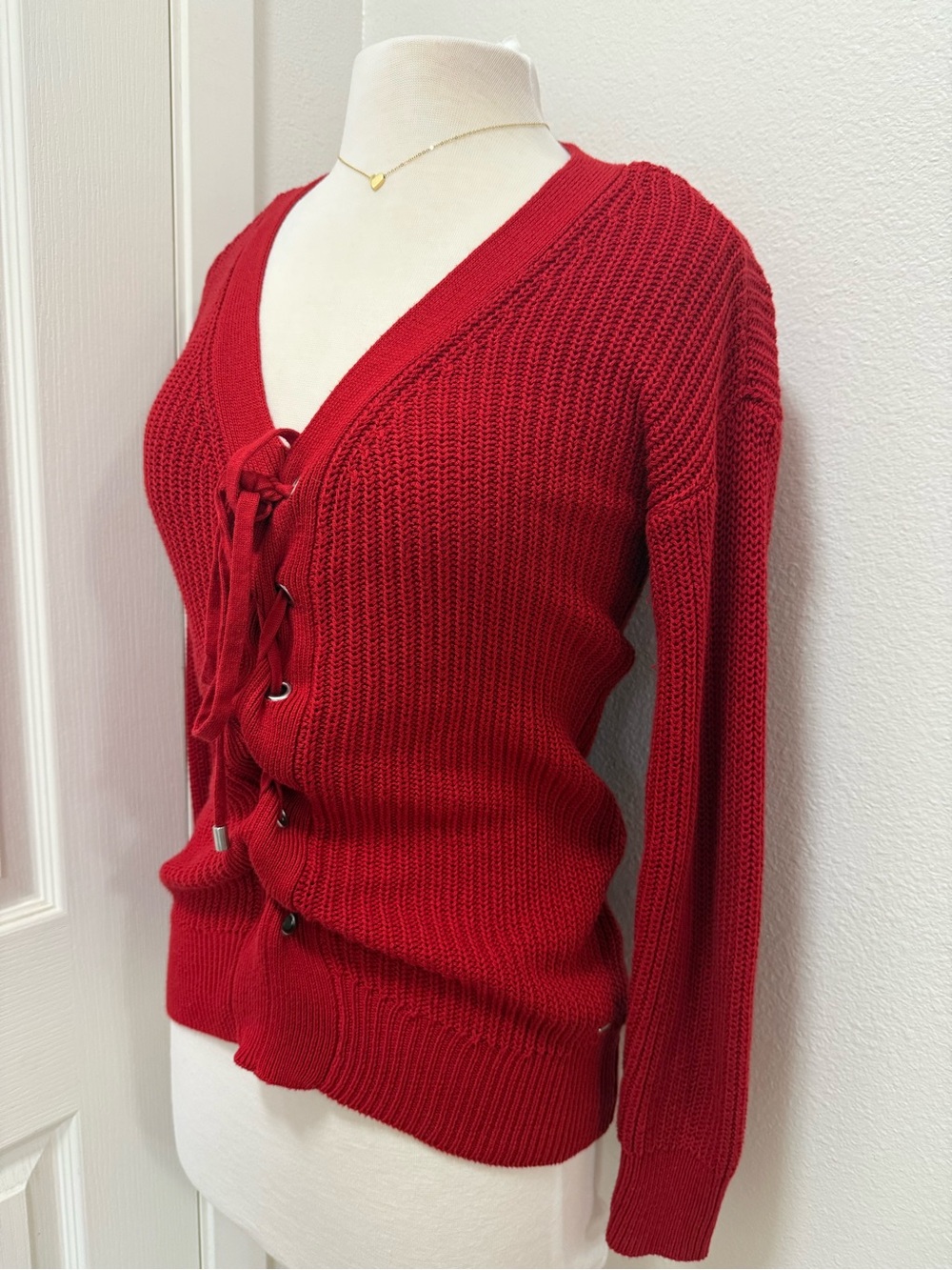 Guess Red Lace-Up V-Neck Pullover Sweater - Picture 4 of 6